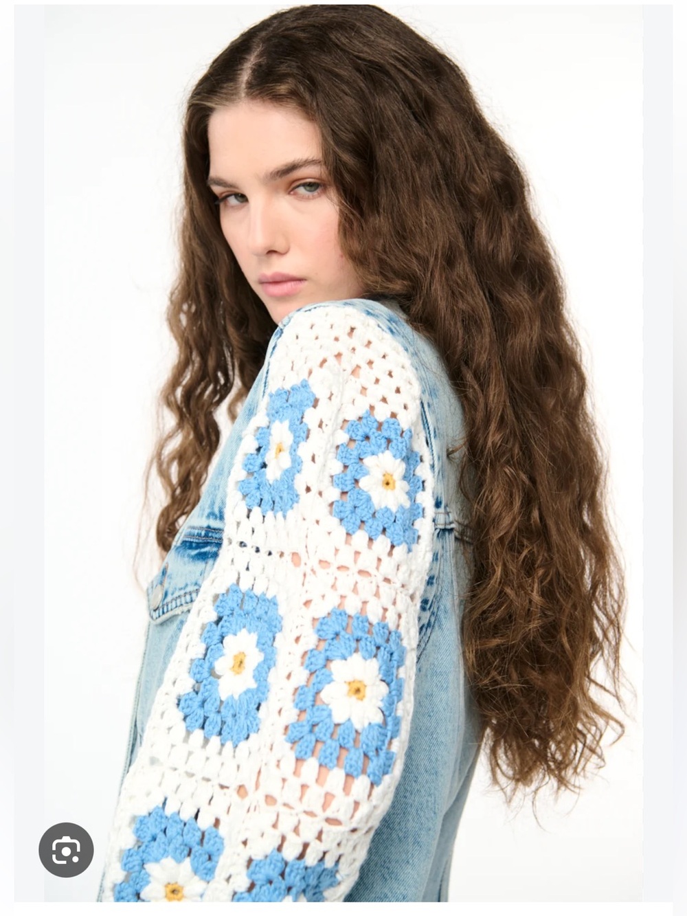 Blank NYC Light Blue Denim Jacket with White Crochet Floral Sleeves